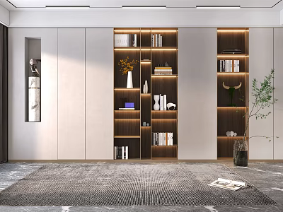 Modern Decorative Cabinet With Built In Lighting And Stylish Books Decor In Living Room 3d model