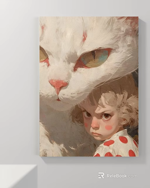 Vibrant White Cat Animal Painting With Little Girl In Polka Dot Dress And Yellow Eyes 3d model 
