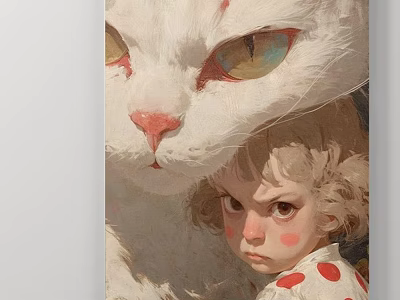 Vibrant White Cat Animal Painting With Little Girl In Polka Dot Dress And Yellow Eyes 3d model