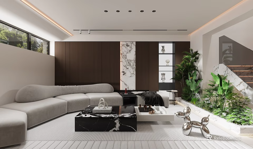 Modern Open Living Dining Room With Gray L Sofa Black Marble Coffee Table Green Plants 3d model 