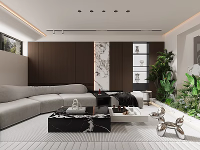 Modern Open Living Dining Room With Gray L Sofa Black Marble Coffee Table Green Plants 3d model