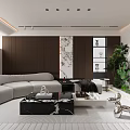 Modern Open Living Dining Room With Gray L Sofa Black Marble Coffee Table Green Plants