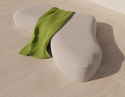 Abstract Shape Gray Fabric Sofa With Green Throw Blanket On Wooden Floor 3d model