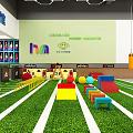Sports Equipment for Children's Playground with Green Lawn Colorful Balls and Wooden Climbing Frame