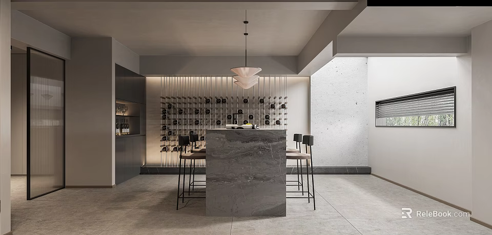 Recreation Room With Marble Island Bar Stools And Wine Rack 3d model 