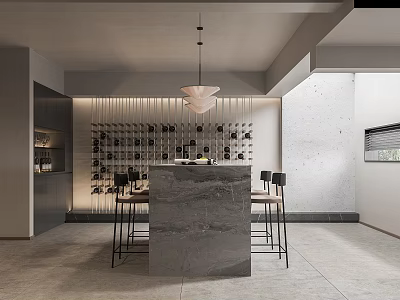 Recreation Room With Marble Island Bar Stools And Wine Rack 3d model