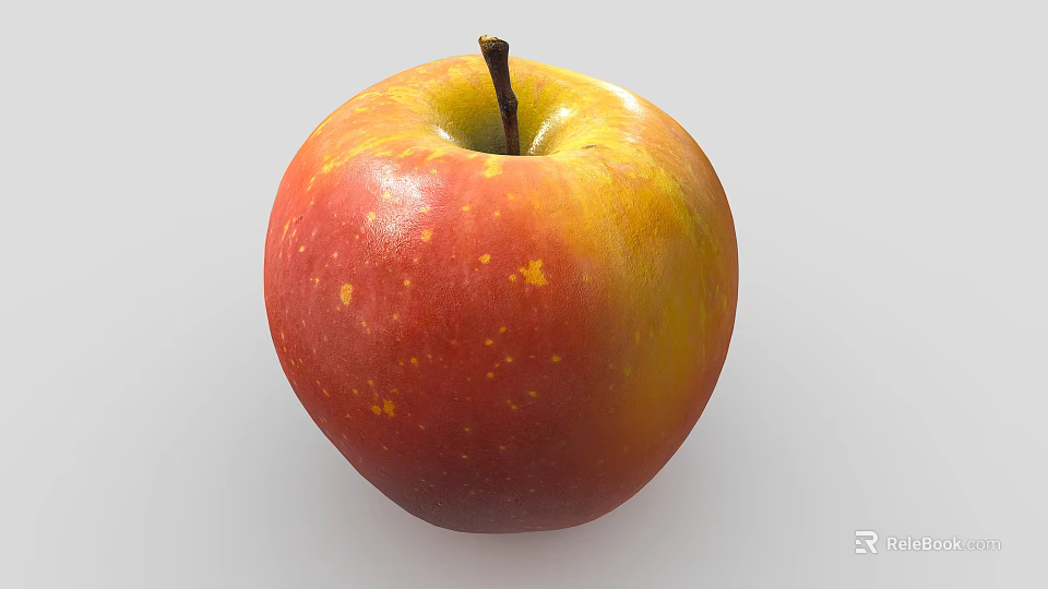 Fresh Red and Yellow Apple with Brown Stem and Yellow Spots on Light Gray Background 3d model 
