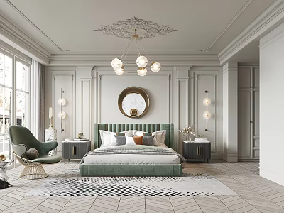 Elegant Modern Bedroom Interior Design With Green Headboard Bed Round Mirror Chandelier And Green Armchair 3d model