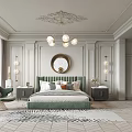 Elegant Modern Bedroom Interior Design With Green Headboard Bed Round Mirror Chandelier And Green Armchair