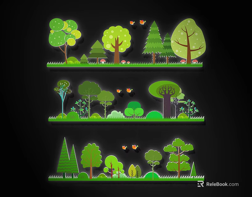 Three Different Natural Wall Decor Designs With Trees Grass And Butterflies 3d model 