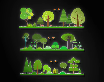 Three Different Natural Wall Decor Designs With Trees Grass And Butterflies 3d model