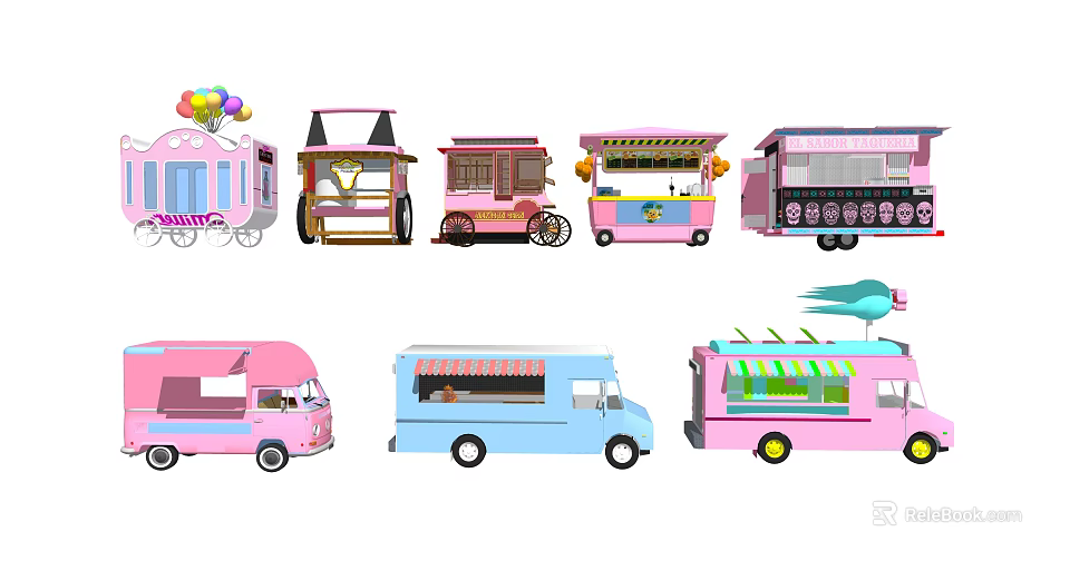Colorful Pink Blue Mobile Food Trucks With Vintage Designs And Decorative Elements 3d model 