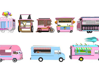 Colorful Pink Blue Mobile Food Trucks With Vintage Designs And Decorative Elements 3d model