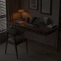 Wooden Desk by Window Featuring Table Lamp Laptop Books Chair and Wall Art