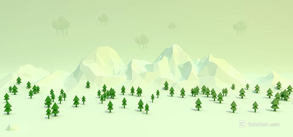 Low Poly Style Green Pine Trees and Mountains Scenic Nature Decorative Print 3d model 