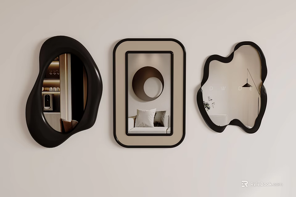 Three Decorative Wall Mounted Mirrors with Unique Shapes and Black Frames 3d model