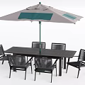 Outdoor Rectangular Table and Chair Set with Six Dark Chairs and Umbrella 3d model