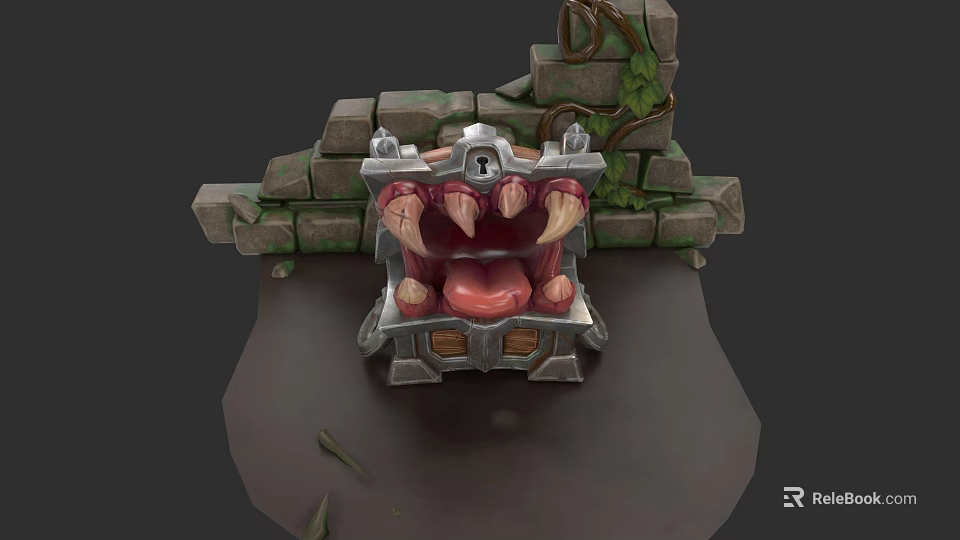 Character Facing Mythical Fanged Creature Mouth With Stone Walls Vines And Ornate Metal Frame 3d model 