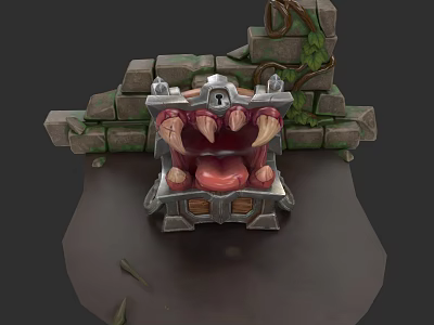 Character Facing Mythical Fanged Creature Mouth With Stone Walls Vines And Ornate Metal Frame 3d model