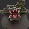 Character Facing Mythical Fanged Creature Mouth With Stone Walls Vines And Ornate Metal Frame