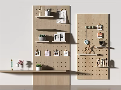 Stylish Wooden Pegboard Wall Decor with Shelves Hooks and Small Plants for Home Organization 3d model