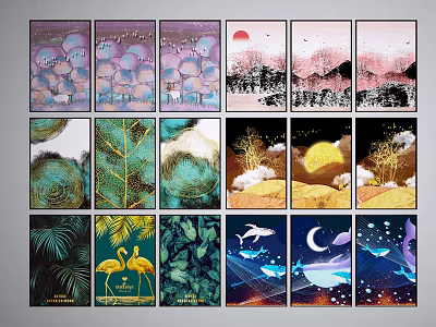 Various Natural Landscape Paintings With Flamingos Dolphins Trees And Sky Elements 3d model