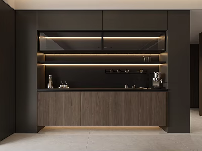 Modern Dark Wooden Sideboard With Glass Doors LED Lighting And Dining Room Storage 3d model