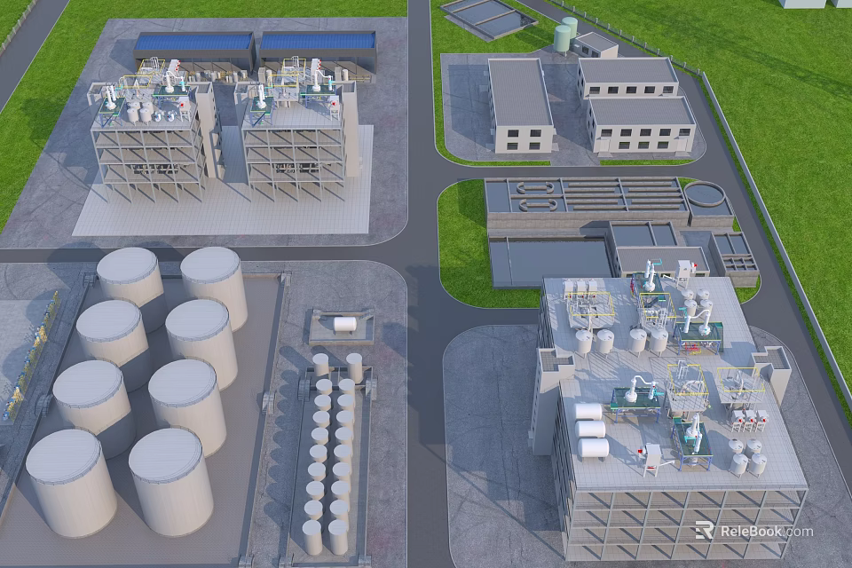 Industrial Equipment Facility Featuring Large Storage Tanks Multi Story Buildings And Piping Systems 3d model 