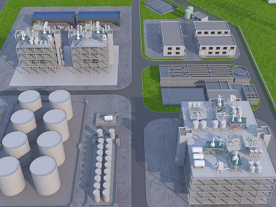 Industrial Equipment Facility Featuring Large Storage Tanks Multi Story Buildings And Piping Systems 3d model