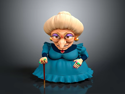 Cartoon Style Game Movie Character Old Woman With Blonde Curly Hair Blue Dress And Cane 3d model