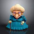 Cartoon Style Game Movie Character Old Woman With Blonde Curly Hair Blue Dress And Cane