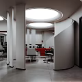 Modern Barbershop Interior With Multiple Barber Chairs Large Windows White Red Decor And Ceiling Lights