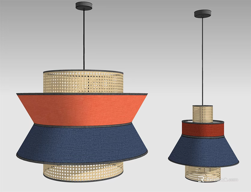 Stylish Modern Multi Layered Chandeliers With Rattan Orange Blue Woven Shades 3d model 