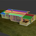 Single Story Wooden House With Gray Roof Chimney And Railed Patio On Green Lawn