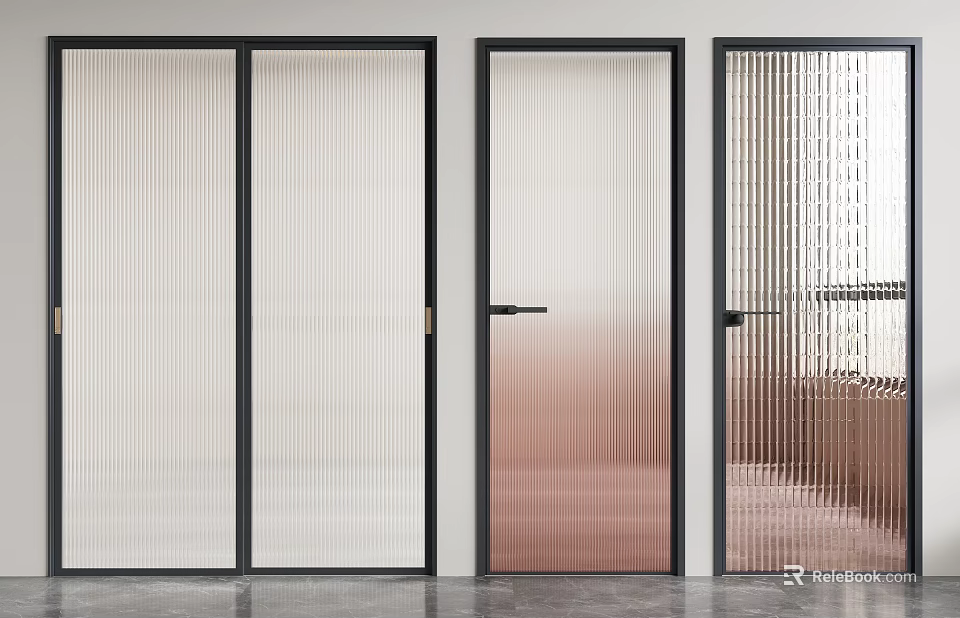 Modern Interior Doors With Striped And Gradient Glass Panels And Black Frames 3d model 