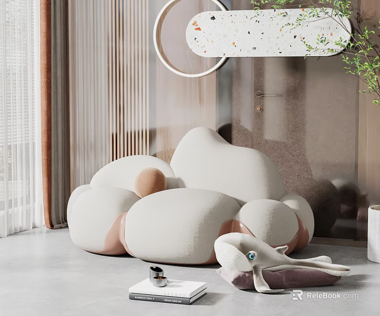 Modern White Single Sofa With Soft Cushion Round Design And Plant Decor Near Window 3d model 