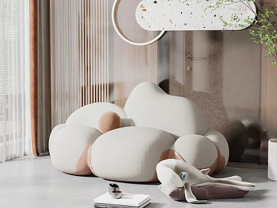Modern White Single Sofa With Soft Cushion Round Design And Plant Decor Near Window 3d model