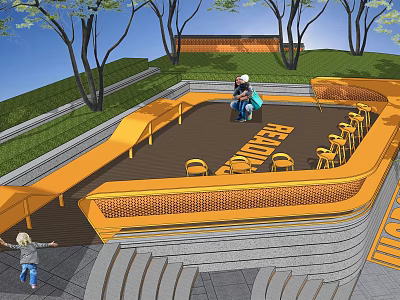 Outdoor Orange Bar Counter With Seating Trees And People In Park Area 3d model