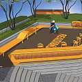 Outdoor Orange Bar Counter With Seating Trees And People In Park Area