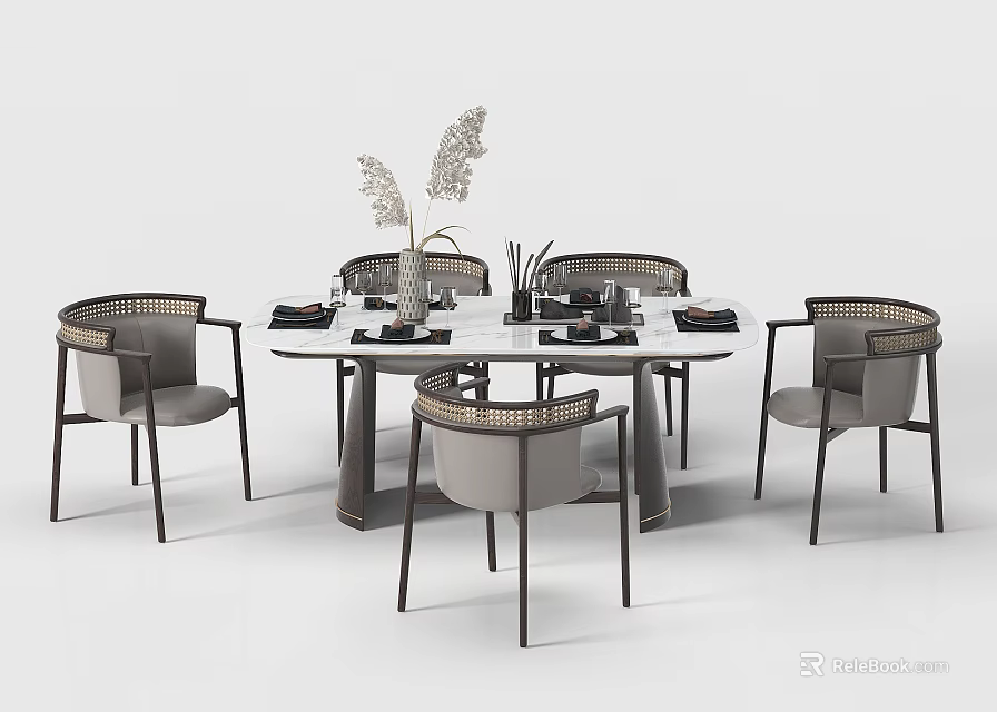 Contemporary Dining Table Set With Woven Chairs And Marble Tabletop 3d model