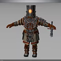 Steampunk Armored Character With Metal Helmet Orange Glowing Eye And Holding Glass Bottle