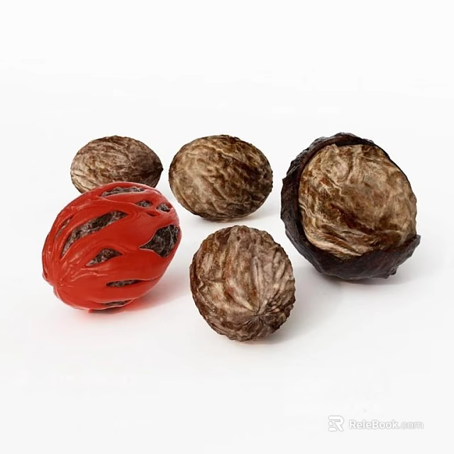 Natural Walnuts Displaying Different Shell Patterns And Red Decorative Piece 3d model 