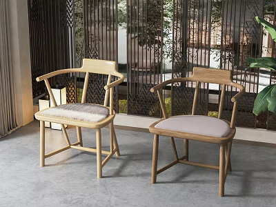 Modern Wooden Dining Chairs With Armrests And Cushioned Seats By Slatted Screen 3d model