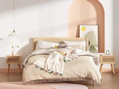 Cozy Double Bed With Wooden Headboard Multiple Pillows Fringe Blanket Nightstands And Arched Wall Art 3d model
