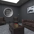 Leisure Zone Interior With Brown Leather Sofas Deer Head Circular Sign And Gray Walls 3d model