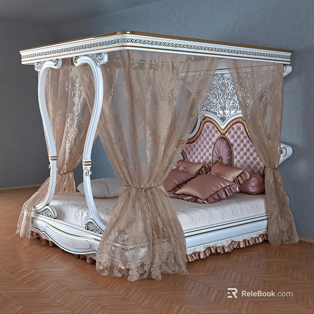 Classic Luxurious Four Poster Double Bed With Lace Canopy And Ornate Pink Headboard 3d model 