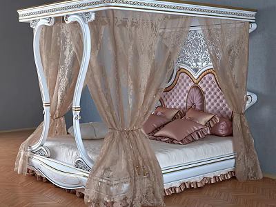 Classic Luxurious Four Poster Double Bed With Lace Canopy And Ornate Pink Headboard 3d model