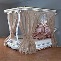 Classic Luxurious Four Poster Double Bed With Lace Canopy And Ornate Pink Headboard