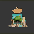 Fairy Tale Style Cottage Model With Blue Roof Orange Walls Green Tree And Small Furniture