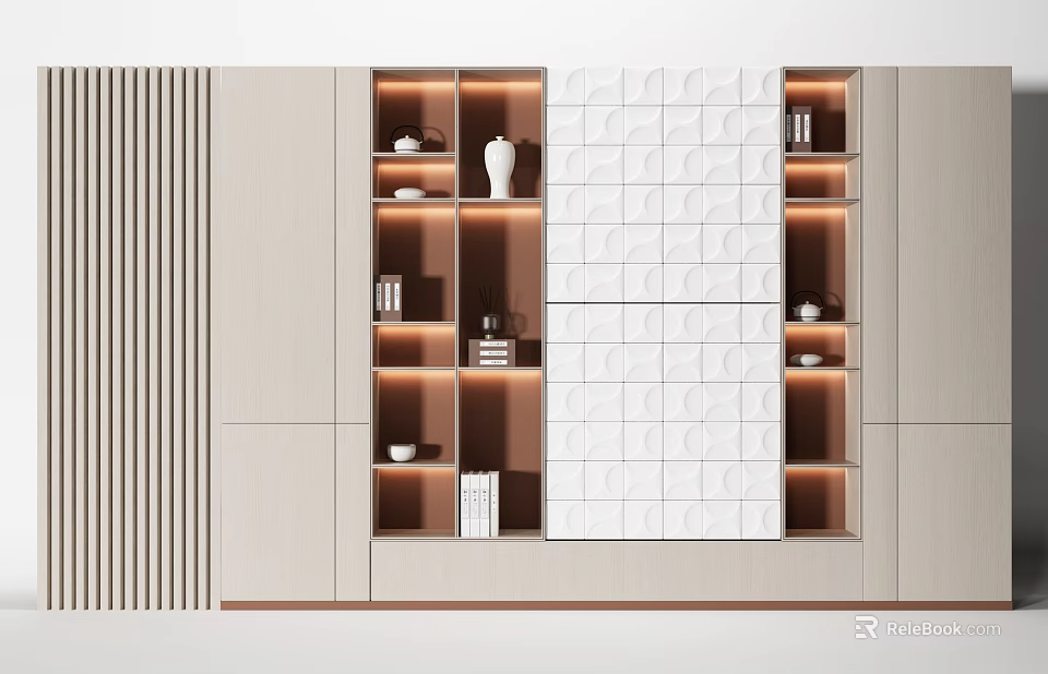 Modern Decorative Cabinet With Layered Shelves Geometric Panels And Embedded Lighting Ornaments 3d model 